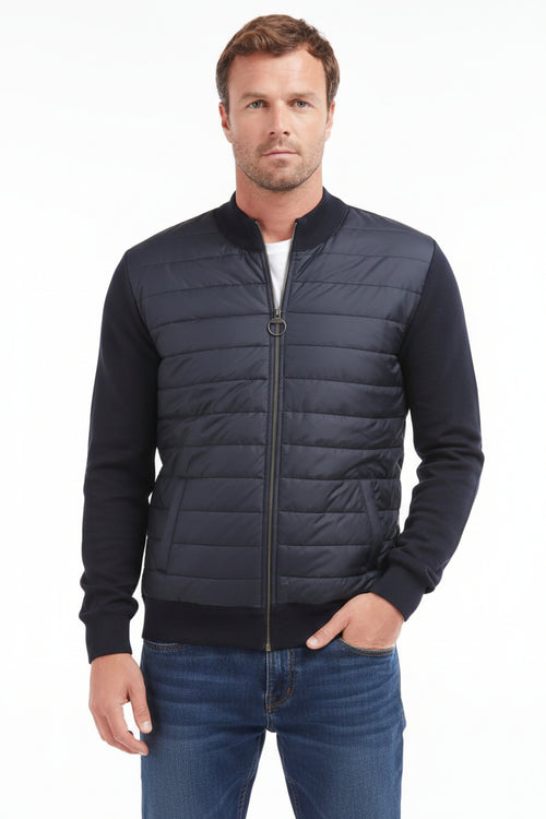 Barbour navy quilted zip sweater with full-length zipper and ribbed knit cuffs