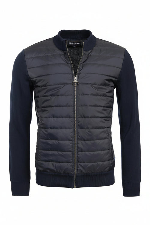 Barbour navy quilted zip-through jacket with knit sleeves and stand collar