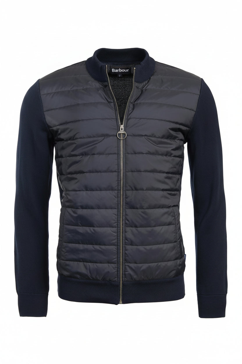 Barbour navy quilted zip-through jacket with knit sleeves and stand collar