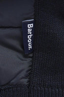 Barbour zip-through knit sweater with navy quilted body and ribbed hem