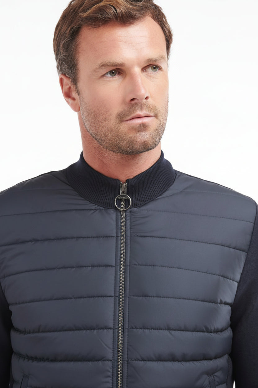 Navy zip-through sweater with stand collar, ribbed trim, quilted front