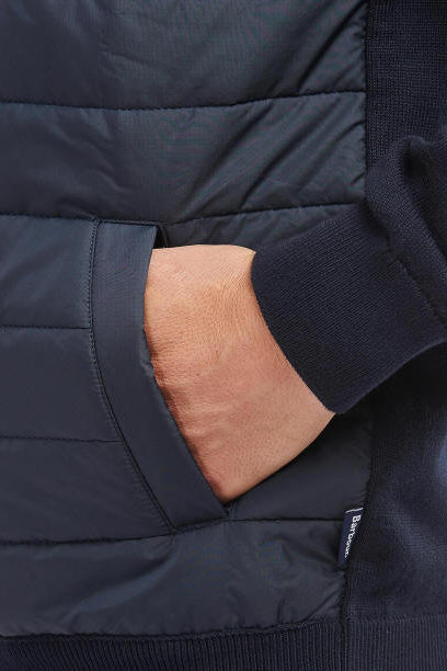 Navy quilted vest panel with zip pocket and knit cuff, Barbour label