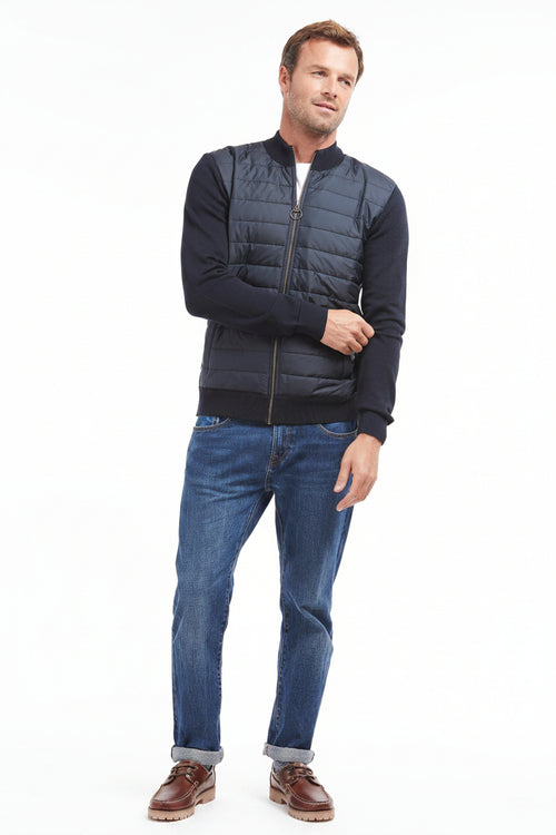 Navy zip-through quilted sweater jacket with ribbed sleeves and zip front