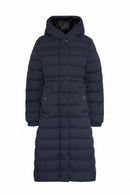 Navy long puffer jacket with hood and front button closure