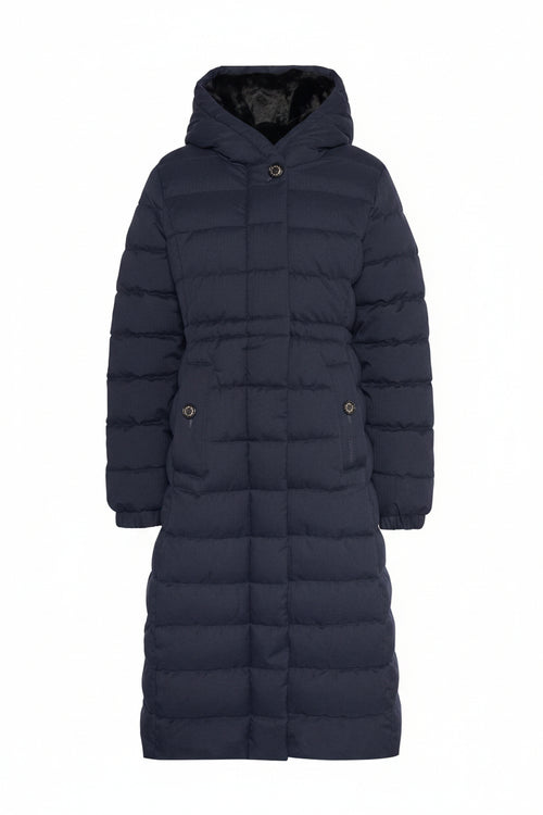 Navy long puffer jacket with hood and front button closure