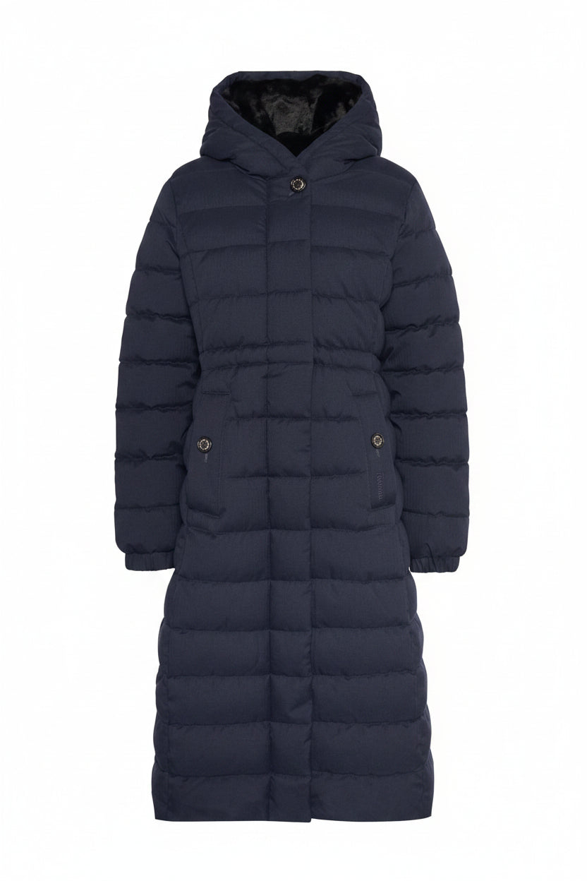 Navy long puffer jacket with hood and front button closure