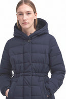 Navy belted hooded puffer jacket with front buttons and quilted panels