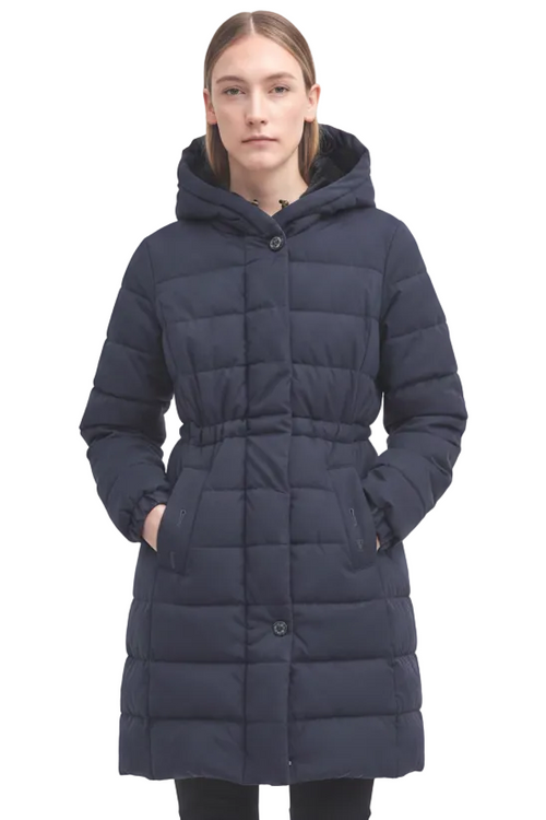 Navy hooded puffer jacket with front button closure and side pockets