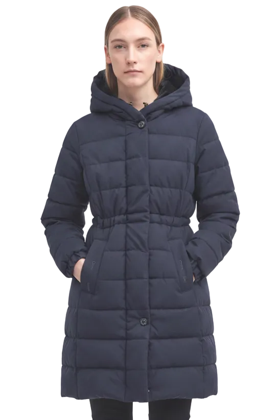 Navy hooded puffer jacket with front button closure and side pockets