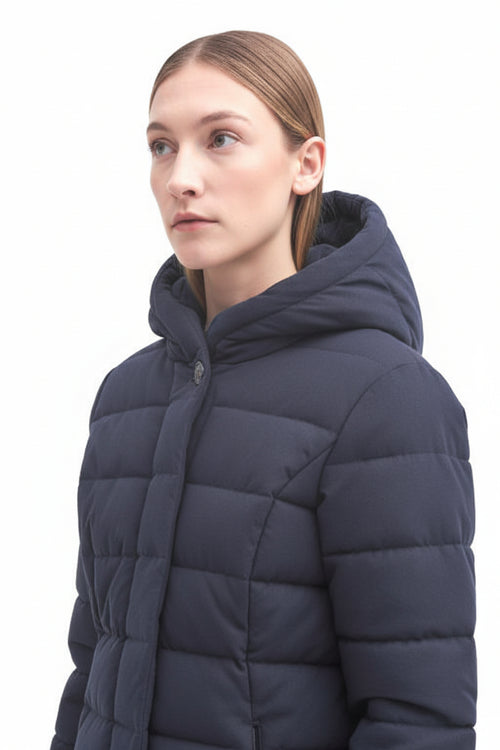 Navy hooded puffer jacket with quilted design and buttoned pocket trim