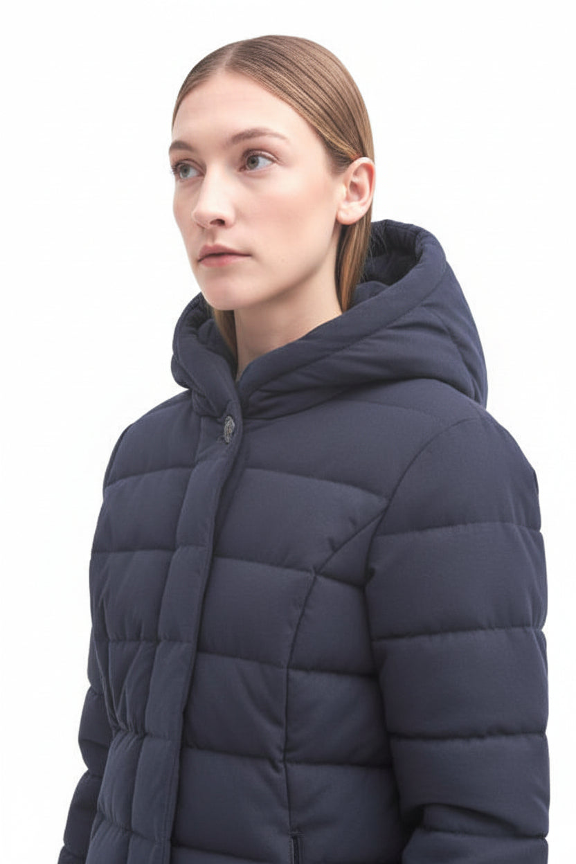 Navy hooded puffer jacket with quilted design and buttoned pocket trim