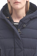 Navy hooded puffer jacket with zip front, snap buttons, and metal ring detail