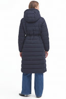 Navy long back view of quilted puffer jacket with attached hood