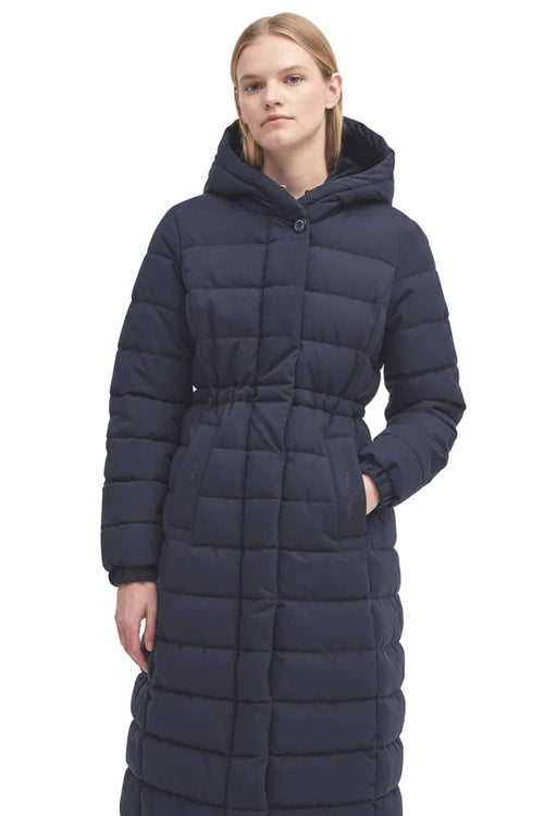 Navy hooded belted puffer jacket with button front and quilted texture