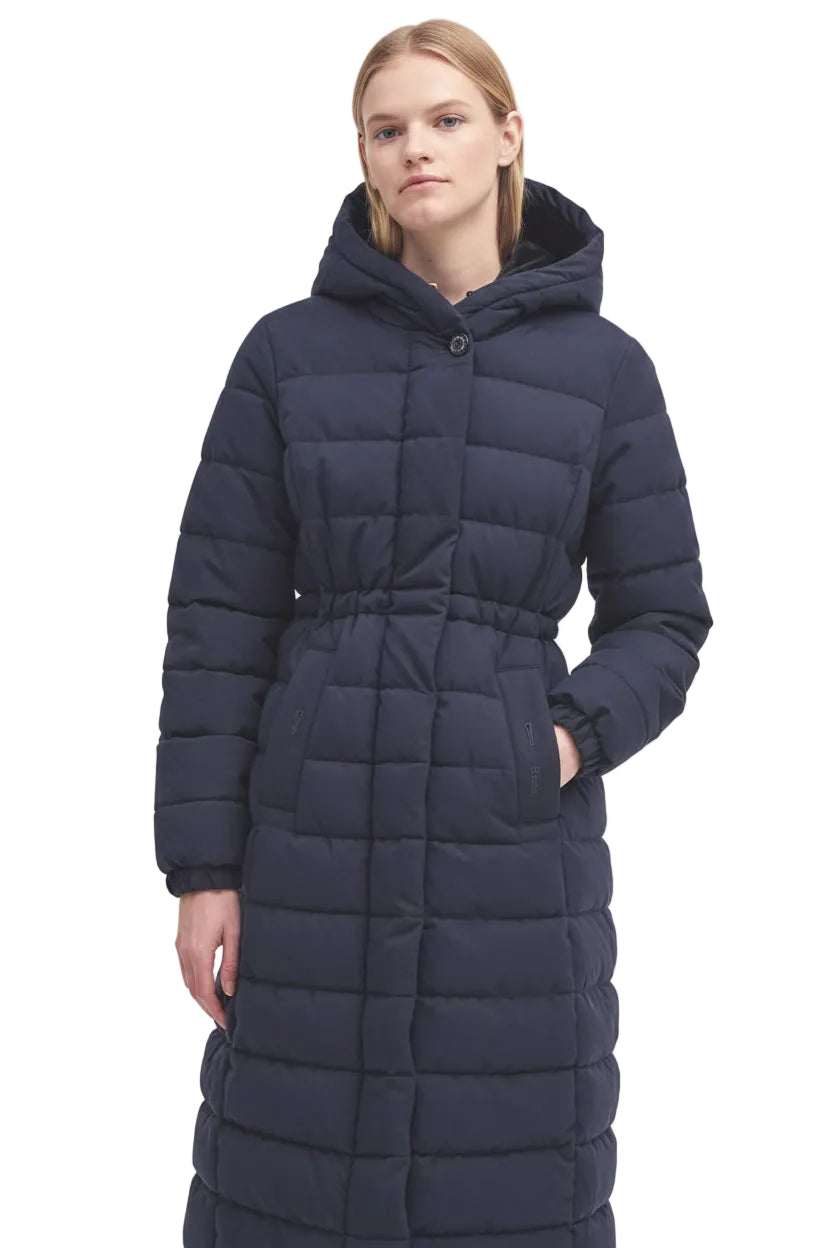 Navy hooded belted puffer jacket with button front and quilted texture