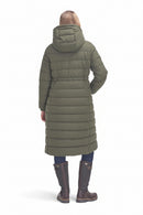 Olive long hooded puffer jacket with quilted padding and side pockets.