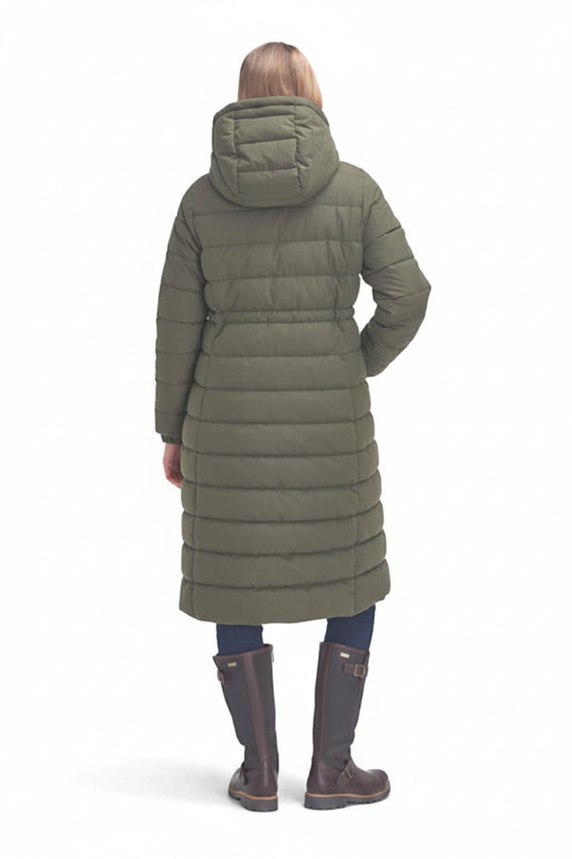 Olive long hooded puffer jacket with quilted padding and side pockets.