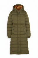 Olive hooded puffer coat with button front, quilted channels, and long sleeves.