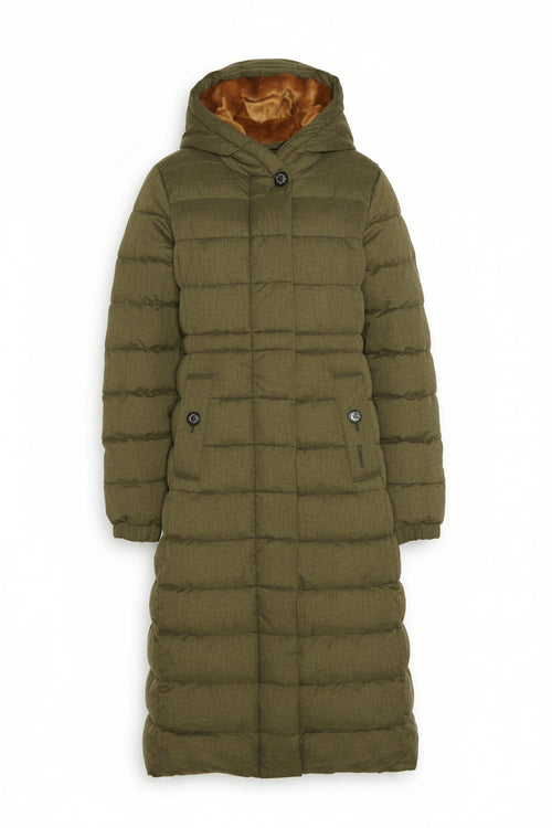 Olive hooded puffer coat with button front, quilted channels, and long sleeves.