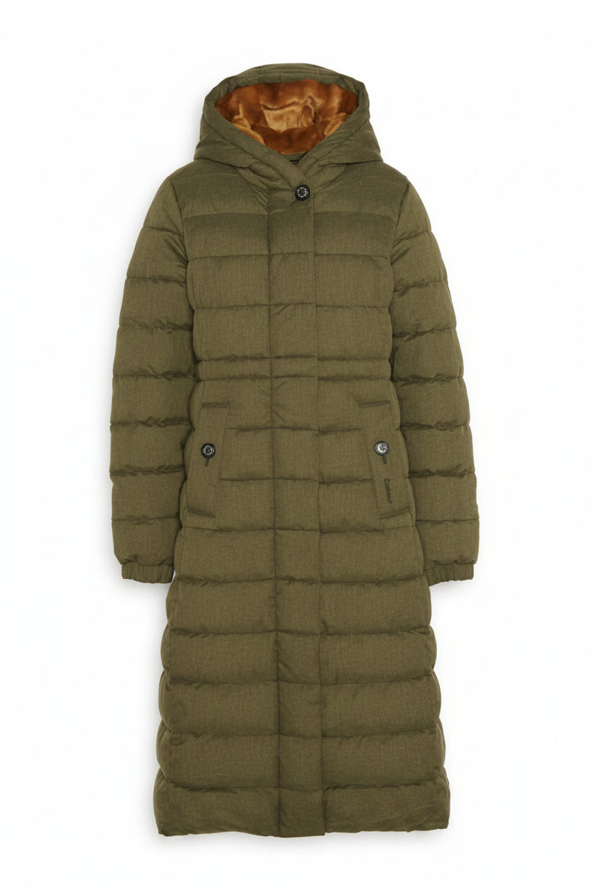 Olive hooded puffer coat with button front, quilted channels, and long sleeves.
