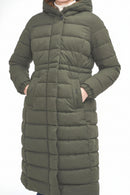 Olive quilted puffer jacket with hood and large front pockets.