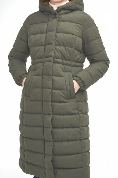 Olive quilted puffer jacket with hood and large front pockets.