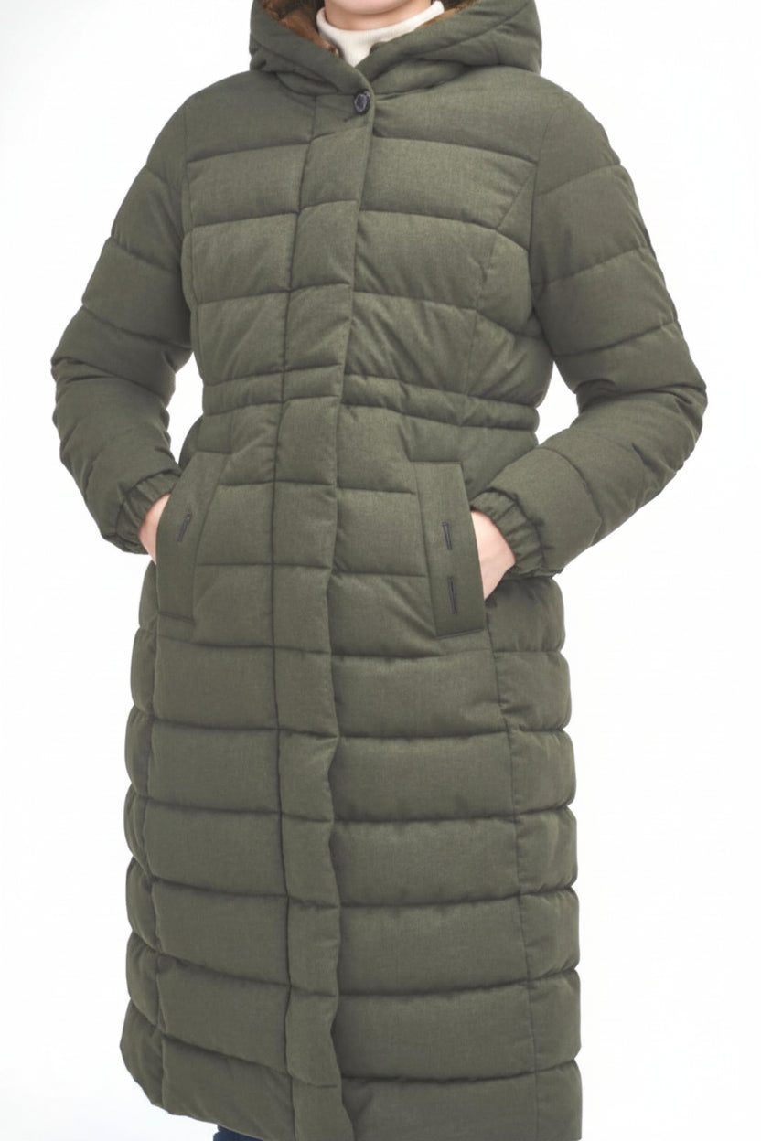 Olive quilted puffer jacket with hood and large front pockets.