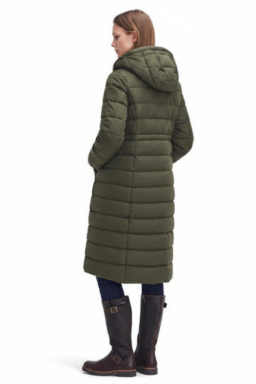 Olive quilted long hooded puffer coat with full back padding and side pockets.