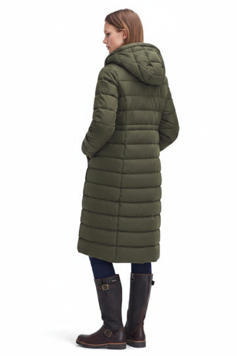 Olive quilted long hooded puffer coat with full back padding and side pockets.