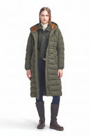 Olive long puffer coat with faux shearling-trim hood, button front, and flap pockets.