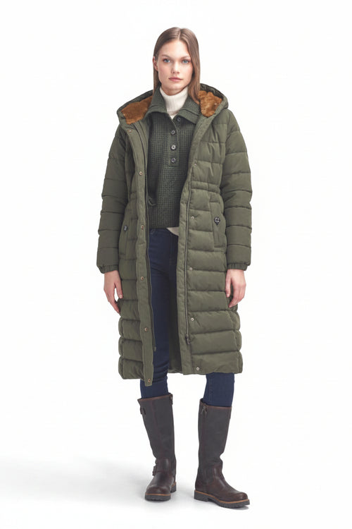 Olive long puffer coat with faux shearling-trim hood, button front, and flap pockets.