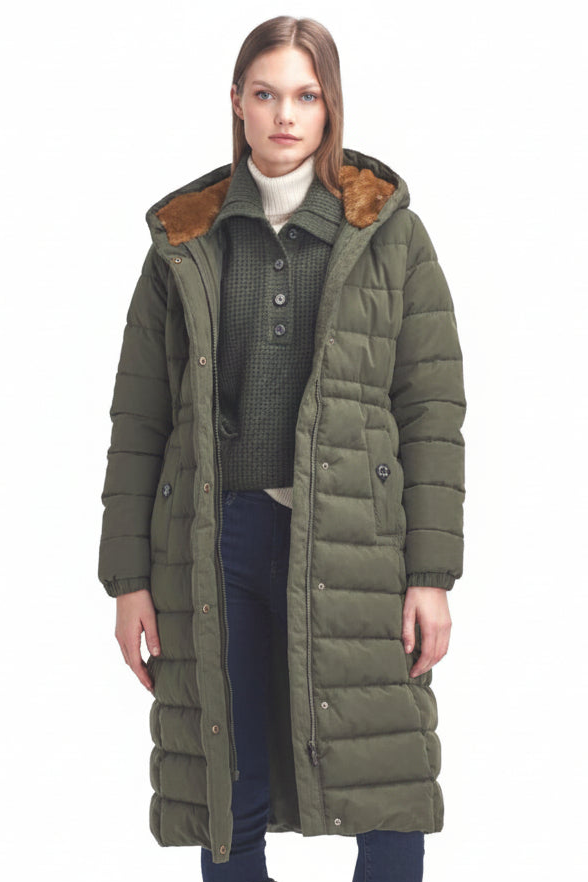 Olive parka-style puffer jacket with brown faux shearling hood trim and button placket.