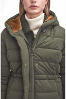 Olive puffer jacket close-up with brown faux shearling hood trim and zip front.