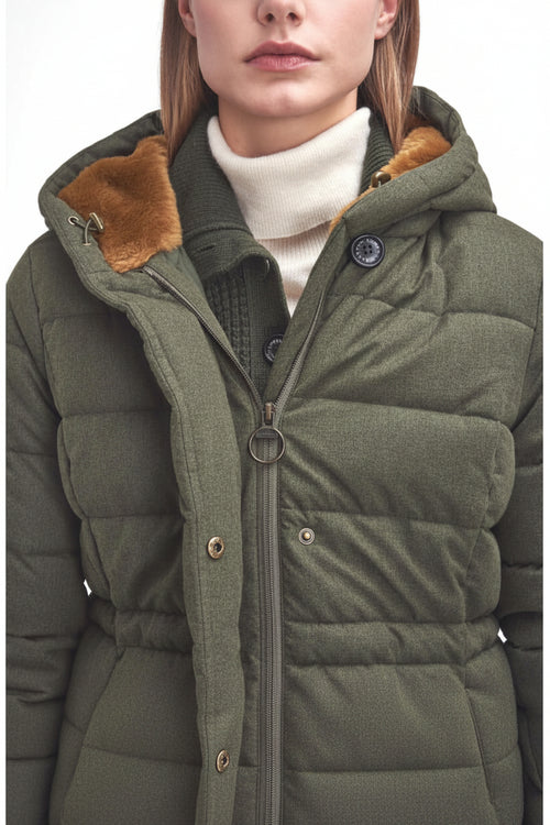 Olive puffer jacket close-up with brown faux shearling hood trim and zip front.