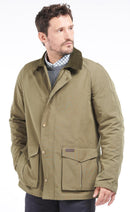 Barbour Clayton casual jacket, olive, front view with chest pockets and button placket