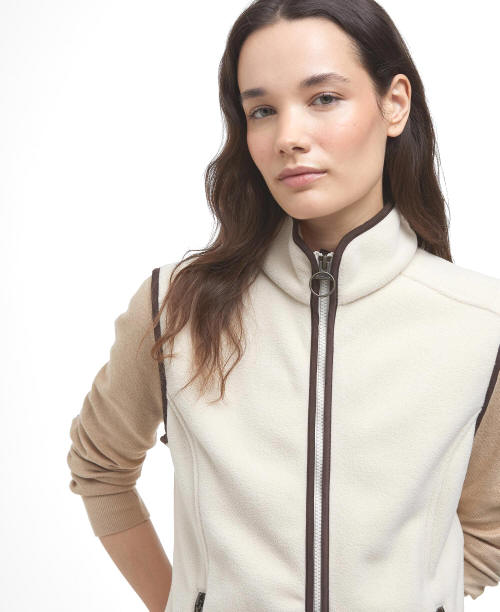 Cream fleece gilet vest with full zip stand collar and contrast dark piping