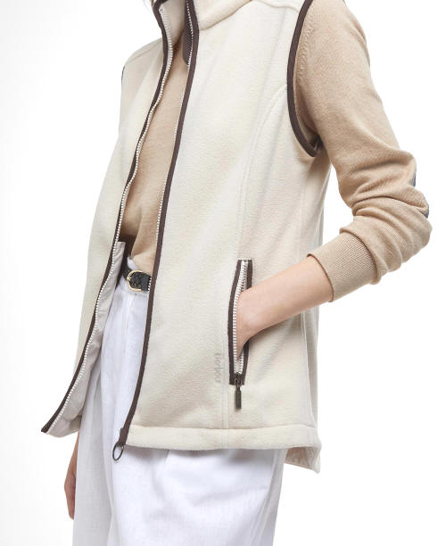 Cream fleece gilet with front zip and kangaroo pocket plus drawcord pulls