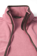 High-neck fleece gilet with mauve pink fabric, contrast piping, and zip pull