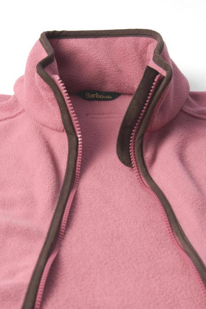 High-neck fleece gilet with mauve pink fabric, contrast piping, and zip pull