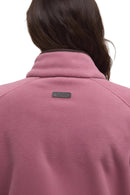 Back view fleece gilet in mauve pink with branded neck patch and stand collar