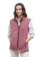 Mauve pink fleece gilet with full zip, hoodless high collar, and side welt pockets