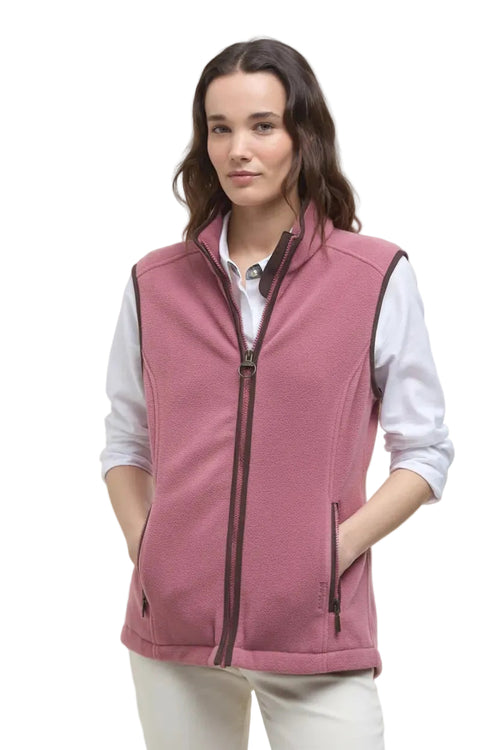 Mauve pink fleece gilet with full zip, hoodless high collar, and side welt pockets