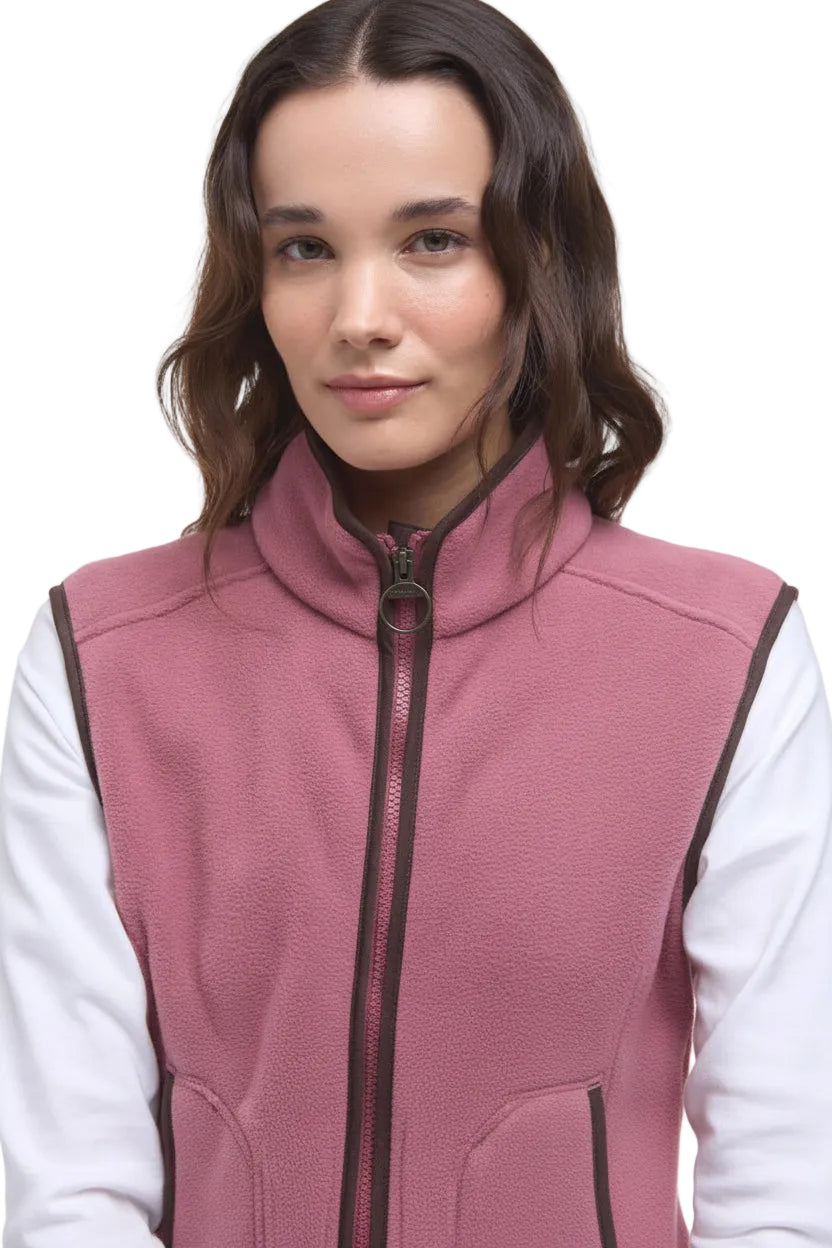 Front fleece gilet with mauve pink body, full zip, and chest/neckline contrast trim