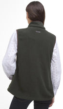 Back view of sage green fleece gilet with high neck and full-length zipper.