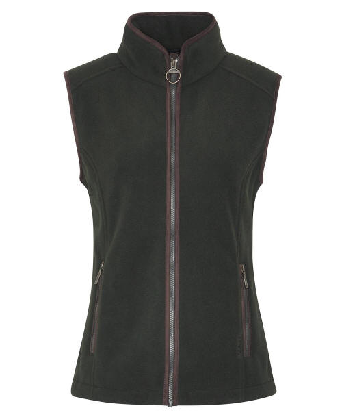 Sage green fleece gilet with high collar, full front zip, and side zip pockets.