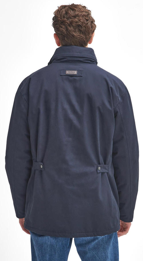Men's navy waterproof jacket, back view with logo label and snap button pockets.