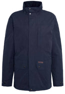 Men's navy waterproof jacket with hood, zip front, and two chest pockets.