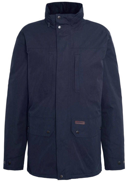 Men's navy waterproof jacket with hood, zip front, and two chest pockets.