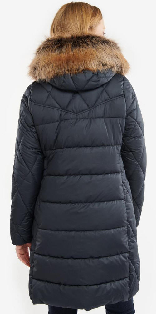Barbour quilt jacket with fur-trimmed hood, dark navy, long length