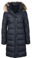 Barbour long quilted coat, fur-trim hood, button front, dark navy